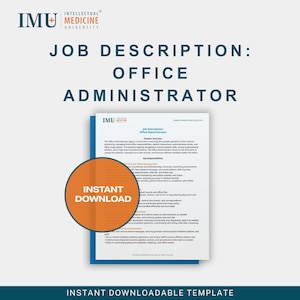 Könnte beinhalten: Eine herunterladbare Vorlage für eine Stellenbeschreibung für einen Büroadministrator. Das Dokument ist weiß mit blauen Rändern und zeigt das Logo der IMU Medicine University. Ein orangefarbener Kreis mit den Worten "Sofort-Download" überlagert das Dokument.