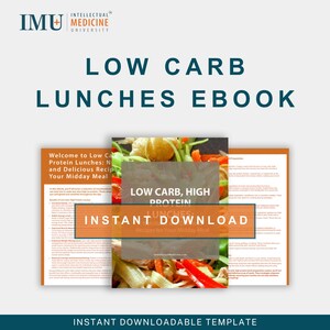 May include: A digital ebook cover with the title "LOW CARB LUNCHES EBOOK" in large, dark teal letters. The image includes text that reads "LOW CARB, HIGH PROTEIN LUNCHES" and "INSTANT DOWNLOAD". The background is light gray.