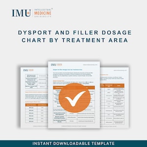 Può includere: Un modello scaricabile intitolato "Tabella del dosaggio di Dysport e Filler per area di trattamento". Il grafico è dell'Università di Medicina Intellettuale. L'immagine presenta un segno di spunta e il testo "Modello scaricabile istantaneamente."