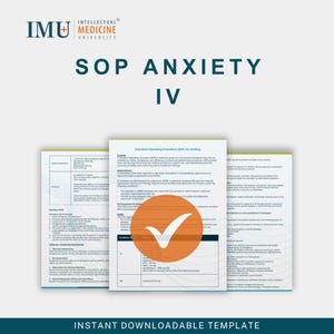 以下が含まれることがあります： 「SOP Anxiety IV」と「Instant Downloadable Template」のテキストが入ったダウンロード可能なテンプレート。テンプレートにはテキストと、白いチェックマークが付いたオレンジ色の円が含まれています。