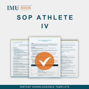 以下が含まれることがあります： インテリジェントメディシン大学のロゴが入った「SOP ATHLETE IV」というタイトルのドキュメント。このドキュメントは、アスリート向けの標準作業手順で、詳細なテキストとオレンジ色のチェックマークのグラフィックが含まれています。画像の下部には「INSTANT DOWNLOADABLE TEMPLATE」と書かれています。