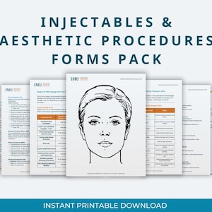 May include: A pack of printable forms for injectables and aesthetic procedures. The forms include a face chart and charts for dosage and treatment areas. The text on the forms includes "Injectables & Aesthetic Procedures Forms Pack" and "Instant Printable Download."