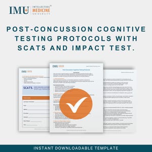 Può includere: Un modello scaricabile per i protocolli di test cognitivi post-commotivi. Il documento include informazioni su SCAT5 e Impact Test. L'immagine presenta il logo IMU Medicine University e il testo "Modello scaricabile istantaneamente."