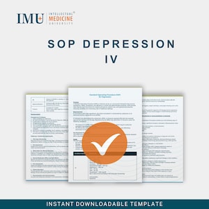 以下が含まれることがあります： インテリジェント・メディシン大学のロゴが入った「SOP Depression IV」というタイトルのドキュメント。このドキュメントは、うつ病の標準的な手順であり、オレンジ色のチェックマークが付いています。「インスタントダウンロード可能なテンプレート」というテキストが下部にあります。
