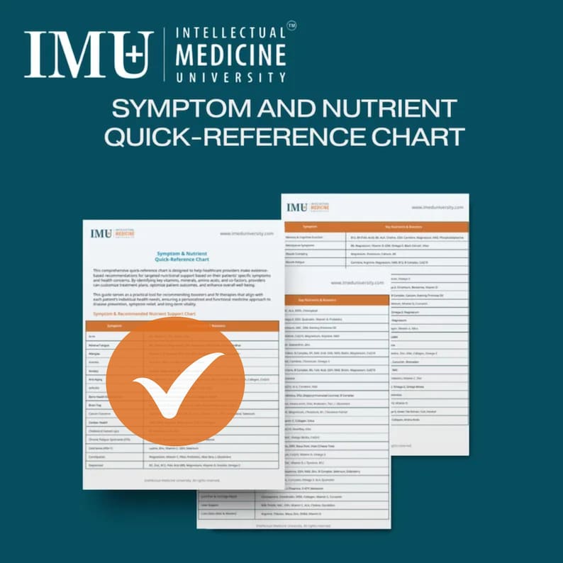 May include: A teal background with the text "IMU Intellectual Medicine University" and "Symptom and Nutrient Quick-Reference Chart." Three white and orange charts are displayed, one with a large orange circle and a white checkmark.