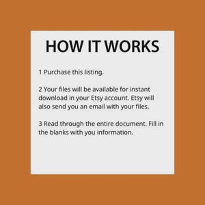 Peut inclure: Un graphique rectangulaire blanc sur fond orange affiche le texte &laquo;&nbsp;COMMENT &Ccedil;A MARCHE&nbsp;&raquo; suivi d'&eacute;tapes num&eacute;rot&eacute;es&nbsp;: acheter l'annonce, t&eacute;l&eacute;charger les fichiers d'Etsy et remplir le document.