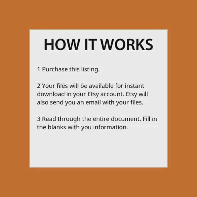 Peut inclure: Un graphique rectangulaire blanc sur fond orange affiche le texte &laquo;&nbsp;COMMENT &Ccedil;A MARCHE&nbsp;&raquo; suivi d'&eacute;tapes num&eacute;rot&eacute;es&nbsp;: acheter l'annonce, t&eacute;l&eacute;charger les fichiers d'Etsy et remplir le document.