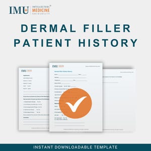Könnte beinhalten: Drei weiße Formulare zur Anamnese von Patienten mit Hautfüllern der Intellectual Medicine University. Die Formulare haben eine türkisfarbene Kopfzeile mit dem Text "Dermal Filler Patient History". Ein orangefarbener Kreis mit einem weißen Häkchen befindet sich auf einem Formular. Der untere Teil des Bildes lautet "Instant Downloadable Template".
