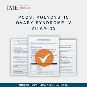 以下が含まれることがあります： IMU Medicine Universityのロゴが入った「PCOS：多嚢胞性卵巣症候群IVビタミン」というタイトルの医療文書。この文書にはテキストと、白いチェックマークが付いた大きなオレンジ色の円が含まれています。「インスタントダウンロード可能なテンプレート」という言葉が一番下にあります。