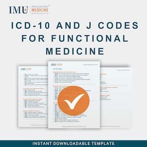 Op de afbeelding: Een afbeelding met de tekst "ICD-10 AND J CODES FOR FUNCTIONAL MEDICINE" en het logo van de Intellectual Medicine University. De afbeelding bevat drie documenten met medische codes en een oranje cirkel met een vinkje.