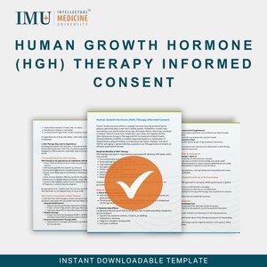 Puede incluir: Una plantilla descargable para el Consentimiento Informado de la Terapia con Hormona del Crecimiento Humano (HGH). El documento se muestra abierto, con texto y un círculo naranja con una marca de verificación blanca. El logotipo de la IMU Intellectual Medicine University está en la parte superior.