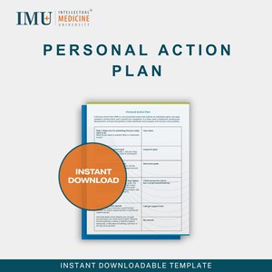 May include: A Personal Action Plan template with a blue border, featuring sections for goals and notes. The document is labeled "Personal Action Plan" in teal text. An orange circle with "Instant Download" is overlaid on the document. The image also includes the text "Instant Downloadable Template".