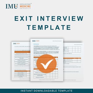 Puede incluir: Plantilla de entrevista de salida blanca y verde azulado de la Universidad de Medicina Intelectual. La plantilla incluye una lista de verificación y una sección para comentarios de los empleados. Las palabras "Exit Interview Template" están en letras grandes de color verde azulado.