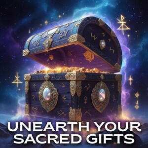 May include: A digital image of a treasure chest with the text "UNEARTH YOUR SACRED GIFTS". The chest is dark blue with gold detailing and is open, revealing a pile of golden objects. The background is a swirling galaxy of blues and purples.