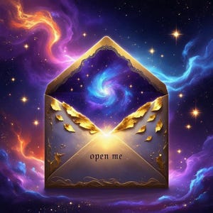 May include: A digital artwork depicting an open envelope with a galaxy inside. The envelope has gold leaf detailing and the words "open me." The background is a vibrant mix of cosmic colours, including orange, purple, and blue, with numerous stars scattered throughout the scene.