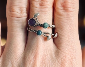 Sterling silver mushroom ring with turquoise and amethyst. Adjustable.