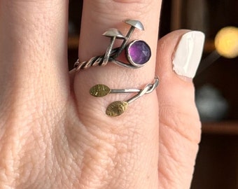 Sterling silver mushroom ring with amethyst. Adjustable from size 8