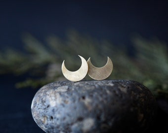 Medium brass moon stud earrings with sterling silver posts