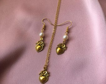 Victorian Set - Antique Vintage Style Dangle Drop Pearl Wire Gold Plated Earrings and Pendant Necklace