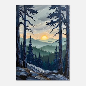 Berge im Sonnenuntergang Kunstdruck, Waldlandschaft Wandbild mit Tannen, Nordisches Gipfel Poster, Ölgemälde CharakterKiste