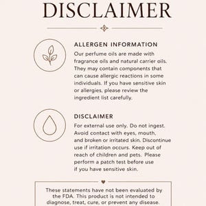 Minimalist allergen and disclaimer information card for perfume oil rollers featuring beige neutral tones, elegant typography, and simple botanical icons. Informational graphic includes allergy warnings, external use disclaimer, patch test recommendation, and FDA statement for handcrafted fragrance oils.