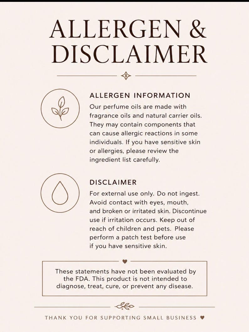 Minimalist allergen and disclaimer information card for perfume oil rollers featuring beige neutral tones, elegant typography, and simple botanical icons. Informational graphic includes allergy warnings, external use disclaimer, patch test recommendation, and FDA statement for handcrafted fragrance oils.