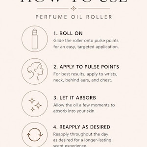 Minimalist perfume oil roller instruction card with a soft beige background and elegant brown typography explaining how to apply roll-on perfume oil to pulse points, allow absorption, and reapply as desired. Clean aesthetic informational graphic with simple line icons for luxury fragrance products.