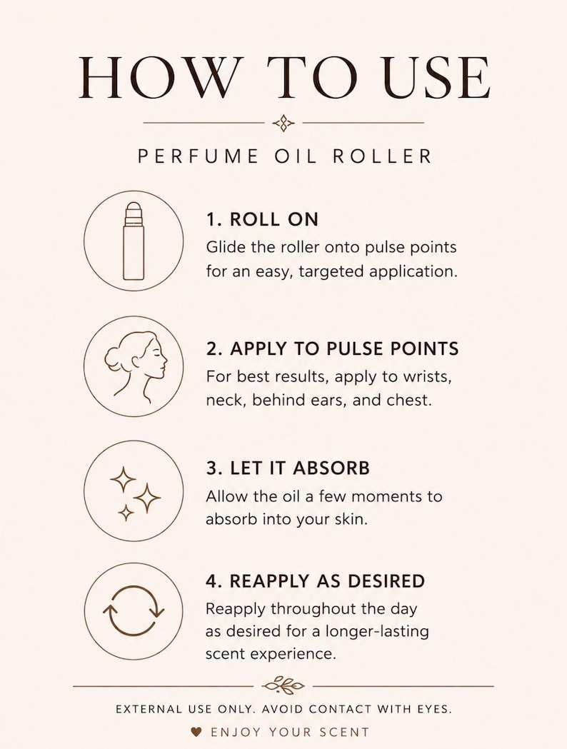 Minimalist perfume oil roller instruction card with a soft beige background and elegant brown typography explaining how to apply roll-on perfume oil to pulse points, allow absorption, and reapply as desired. Clean aesthetic informational graphic with simple line icons for luxury fragrance products.