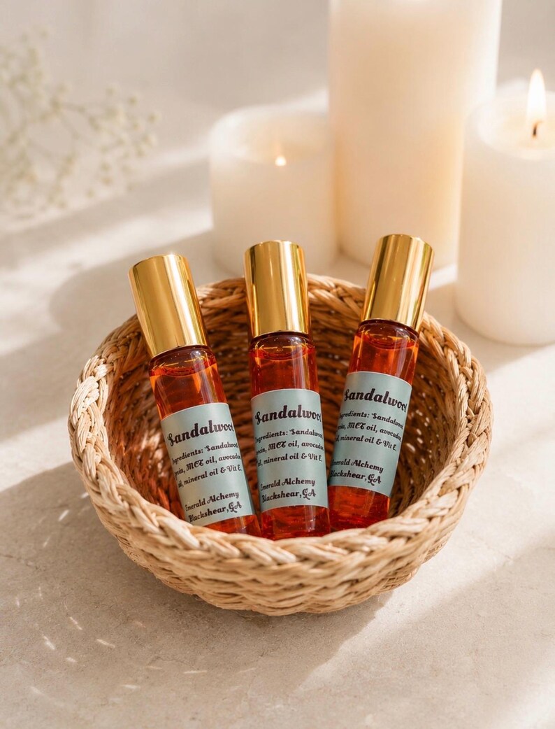 Three sandalwood perfume oil roller bottles with gold caps displayed in a woven basket beside glowing white pillar candles on a neutral stone surface. Warm natural lighting and soft shadows create a clean luxury spa aesthetic with Emerald Alchemy amber glass perfume rollers in a calming minimalist setting.