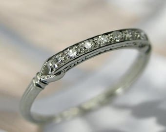Vintage Art Deco Wedding Band, 14k White Gold Milgrain Diamond Stacking Ring, Antique Style Filigree Engagement Band Heirloom Bridal Jewelry