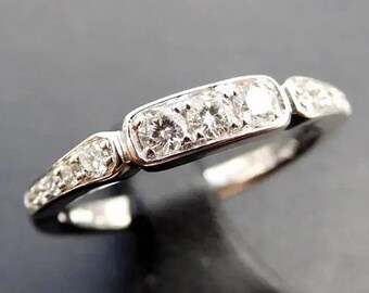 Art Deco Diamond Wedding Band, Vintage Inspired 14k White Gold Ring, Milgrain Five Stone Anniversary Ring, Antique Style Stackable Band