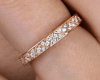 Geometric Diamond Wedding Band Rose Gold, Art Deco Zig Zag Stacking Ring, Triangle Pave Eternity Band, Unique Anniversary Gift for Her
