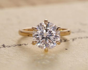 Round Brilliant Cut Moissanite Engagement Ring, 14k Solid Gold Six Prong Solitaire Ring, Classic Wedding Ring for Her, Anniversary Gift