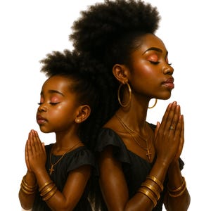 Black Mother and Daughter Praying PNG – Afro Spiritual Art, Faith-Based Clipart, Christian Printable for T-Shirts, Wall Art & More