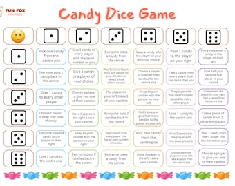 Op de afbeelding: Een printbaar Candy Dice Game-blad met dobbelstenen, instructies en snoepillustraties. Het spel bevat regels voor het geven, ruilen en verliezen van snoep. Het Fun Fox Printables-logo staat linksboven.