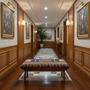 Handmade wooden bench styled in elegant corridor interior design