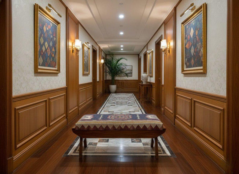 Handmade wooden bench styled in elegant corridor interior design