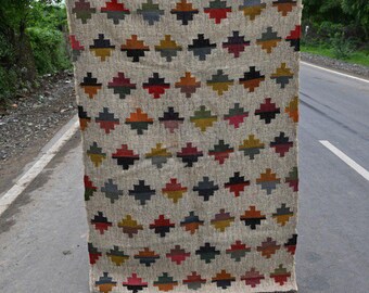 Handwoven Rainbow kilim Wool Jute Dhurrie Rug, Traditional Indian Area Rug, Durable Handmade Floor Decor, Boho Bohemian Accent Carpet