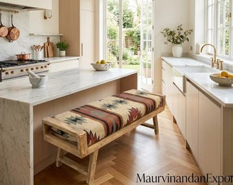 Southwestern Upholstered Bench, Rustic Wooden Entryway Bench, Kilim Fabric Bench, Boho Bedroom End of Bed Bench, Farmhouse Seating