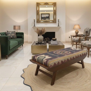 Kilim fabric upholstered bench styled in luxury living room interior decor