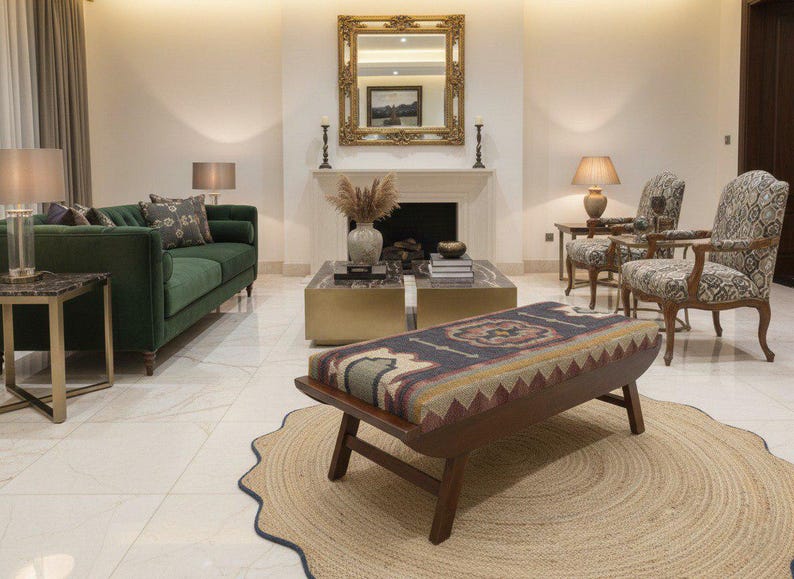 Kilim fabric upholstered bench styled in luxury living room interior decor