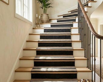 Handwoven Black and Natural Stripped Stair  Jute Runner Rug | Custom Stair Runner, Boho Hallway Carpet, Modern Farmhouse Kitchen Rug