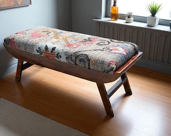 Reposapiés de madera moderno de mediados de siglo, banco otomano Kilim hecho a mano, banco Kilim vintage para sala de estar o pasillo.