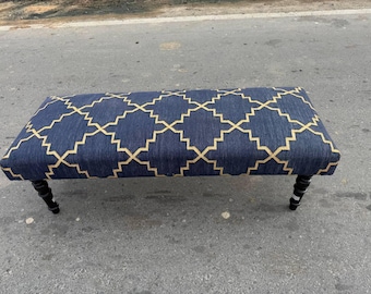 Kilim Upholstered Ottoman Bench, Boho Tribal Woven Footstool