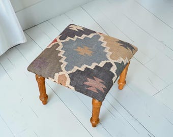 Boho Kilim Upholstered Footstool, Handmade Wooden Ottoman Stool, Rustic Low Seating Bench, Tribal Pattern Foot Rest, Living Room Decor