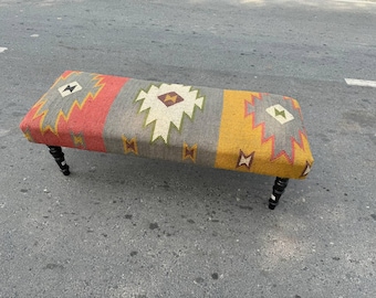 Kilim Upholstered Bench, Bohemian Ottoman, Handcrafted Wood Legs