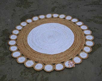 Handgeknüpfter runder Jute-Teppich – Weiße Mitte, Boho-Landhausstil