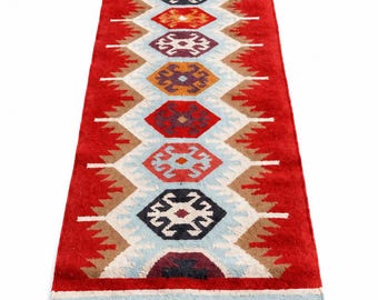 Tapete Kilim de lã e juta tecido à mão, tapete de corredor tribal, tapete de trama plana do sudoeste americano, tapete geométrico boho, tapete de entrada estilo fazenda.