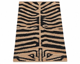 Tapete de cânhamo tecido à mão, tapete com estampa de zebra, tapete de cânhamo preto natural, tapete rústico boho, tapete para casa de campo, decoração tribal moderna
