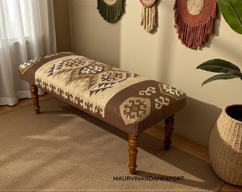 Boho Kilim Upholstered Bench • Rustic Tribal Ottoman